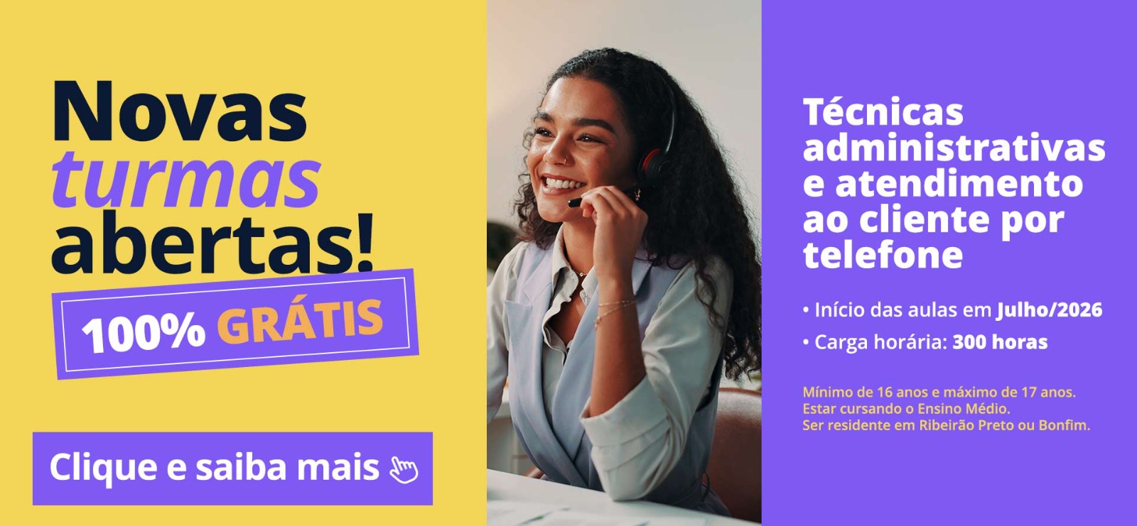 Inscrições abertas para nova turma de Técnicas Administrativas e Atendimento ao Cliente por Telefone.